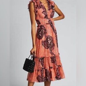 Ulla Johnson Coral and Black Midi Dress